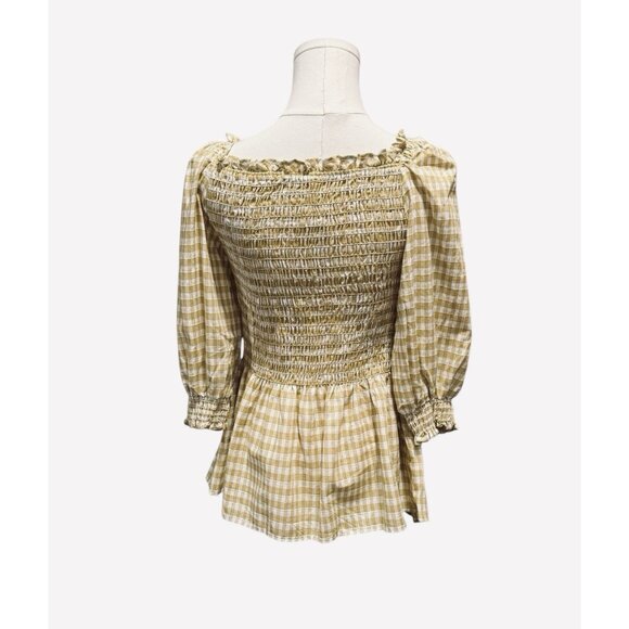 NWT Max Studio Womens Large Smocked Yellow Gold Gingham Puff Sleeve Peplum Top - Picture 4 of 12